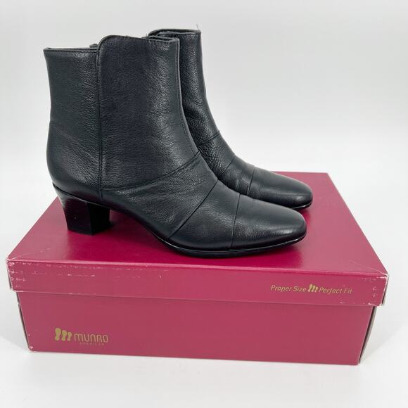 Munro Faith Ankle Boot Womens 7 Black Kid Leather Heeled Square Toe Zip M600681 - Picture 1 of 10